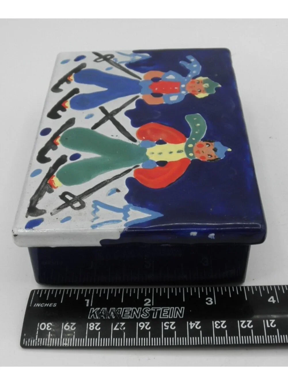 VTG Rectangular Enamel Over Metal Trinket Dresser Box Skiers FLAW CHIPPED ENAMEL